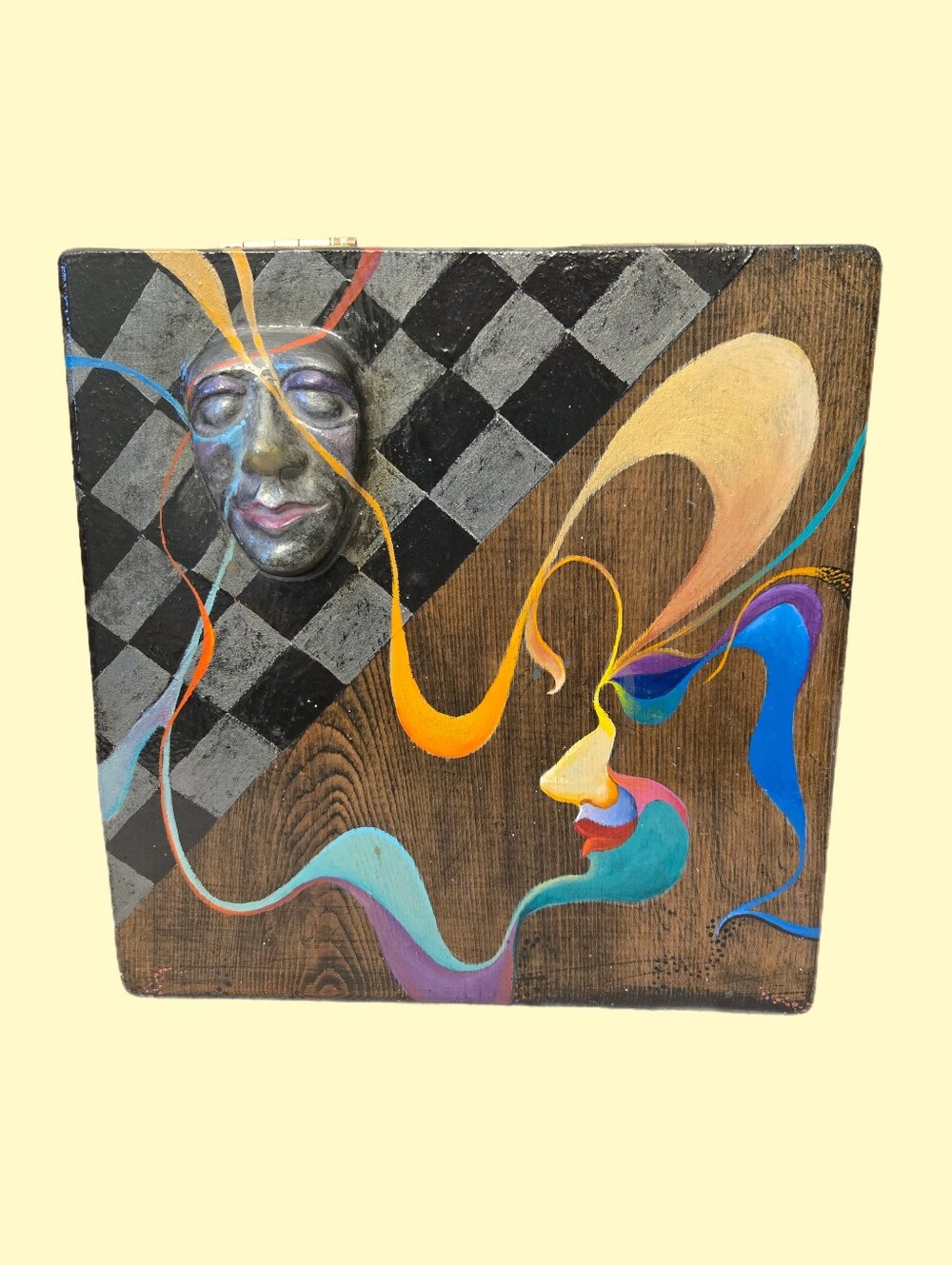 Handmade Vintage Wooden Box Surrealist 3D Mask Face Handpainted OOAK Fantasy Art